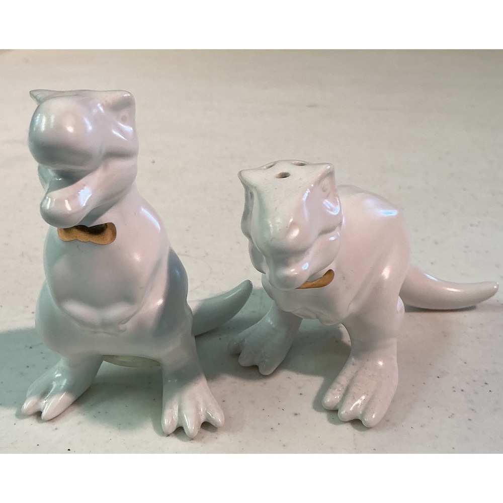 White Ceramic T-Rex Dinosaur Salt and Pepper Shakers Set Gold Bowtie Dapper Rex
